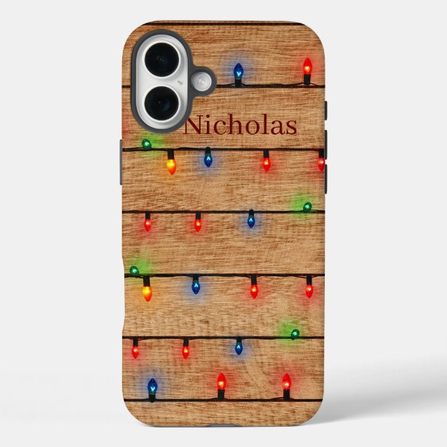 Personalized Faux Wood & Muliticolor Lights  Case-Mate iPhone Case (Back)