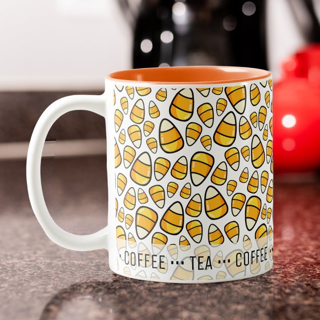 Personalized Favorite Drinks Candy Corn Pattern Two-Tone Coffee Mug (Have a whimsical candy corn pattern with your favorite words at the bottom around the mug.)