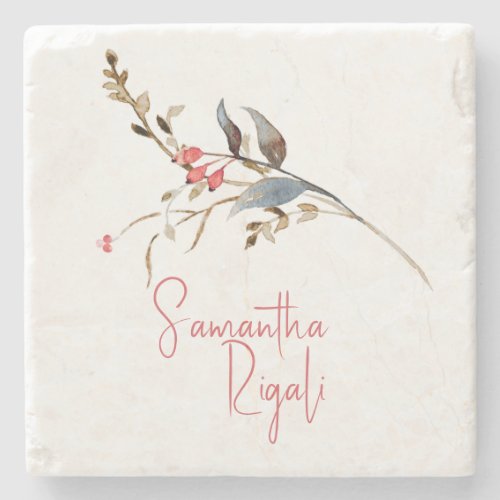 Personalized Favors Watercolor Botanical Berries Stone Coaster