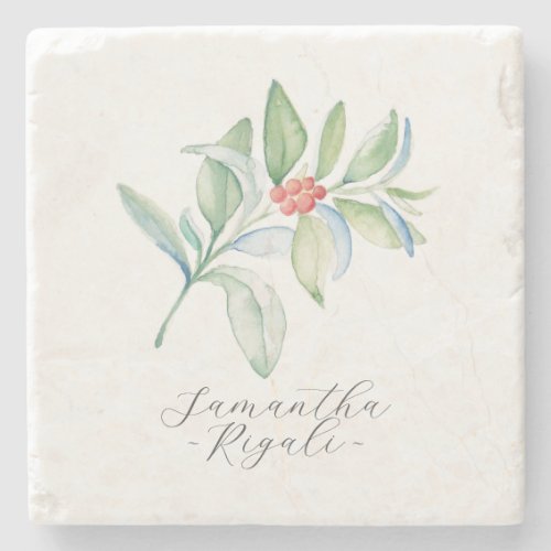 Personalized Favors Watercolor Christmas Botanical Stone Coaster