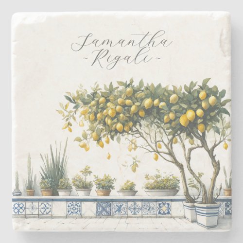 Personalized Favors Watercolor Lemon Blue Tile Stone Coaster
