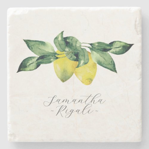 Personalized Favors Watercolor Lemon Botanical Stone Coaster