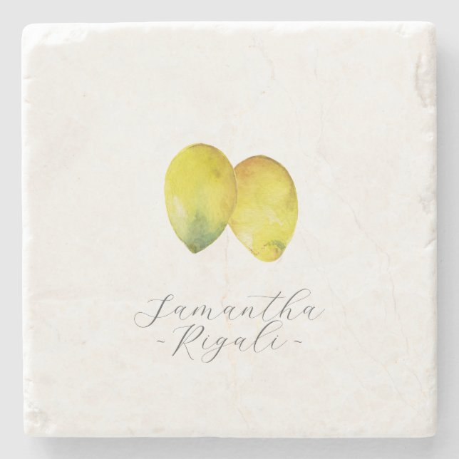 Personalized Favors Watercolor Lemon Botanical Stone Coaster (Front)