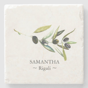 Personalized Favors Watercolor Olive Branch Stone Coaster