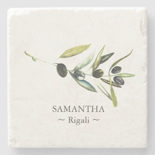 Personalized Favors Watercolor Olive Branch Stone Coaster