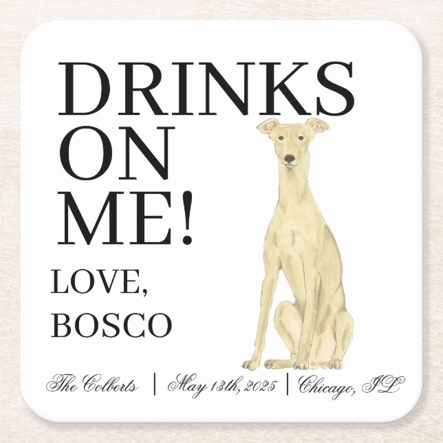 Personalized Fawn Greyhound Dog Wedding Square Paper Coaster (Front)