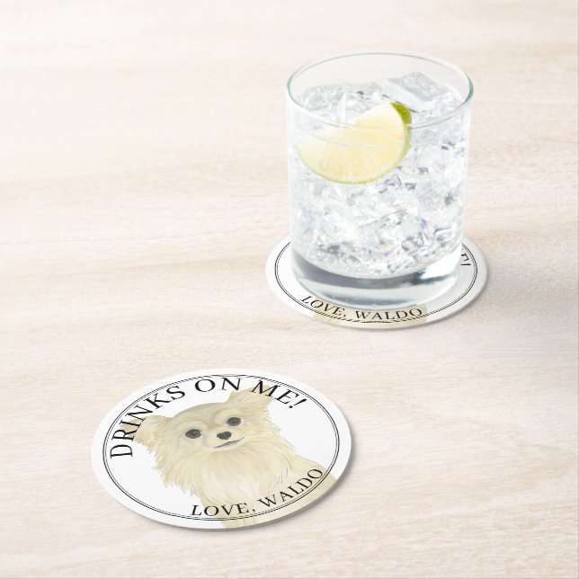 Personalized Fawn Long Haired Chihuahua Wedding Round Paper Coaster (Insitu)