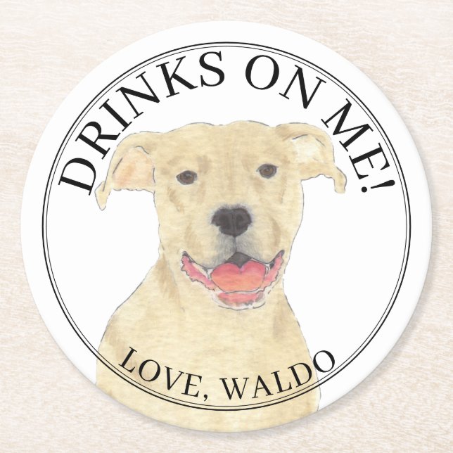 Personalized Fawn Tan Pitbull Staffy Dog Wedding Round Paper Coaster (Front)
