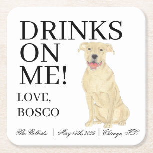 Personalized Fawn Tan Pitbull Staffy Dog Wedding Square Paper Coaster