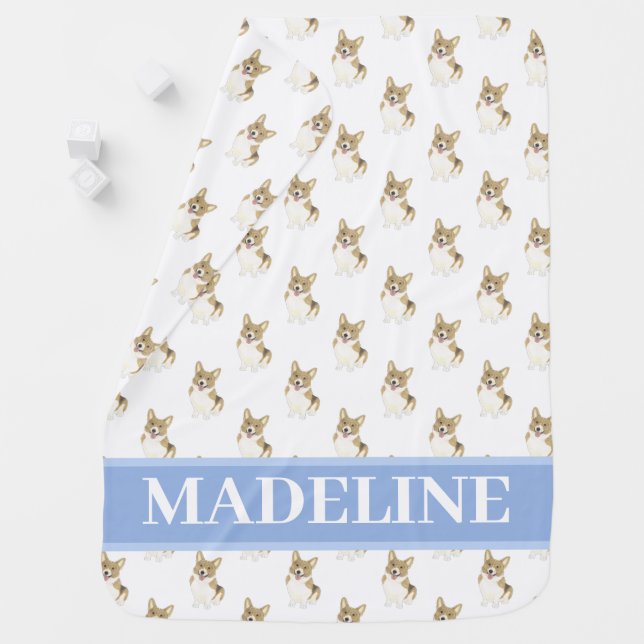 Personalized Fawn & White Corgi Baby Blanket (In Situ)