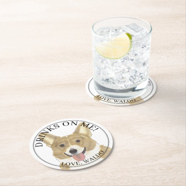 Personalized Fawn & White Corgi Dog Wedding Round Paper Coaster (Insitu)