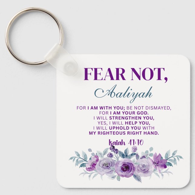 Personalized Fear Not Isaiah 41:10 Purple Floral Keychain (Front)