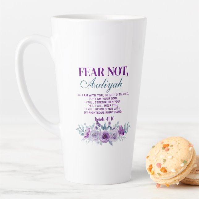 Personalized Fear Not Isaiah 41:10 Purple Floral Latte Mug (In Situ)