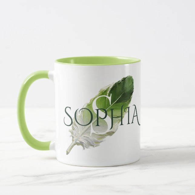 Personalized Feather Monogram Sage Green Mug (Left)