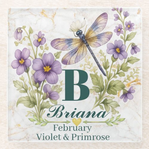 Personalized February Birth Flower Dragonfly Tote  Glass Coaster