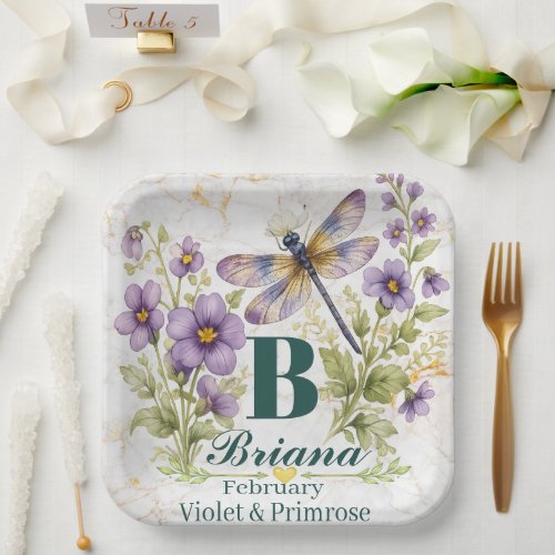 Personalized February Birth Flower Dragonfly Tote Paper Plates