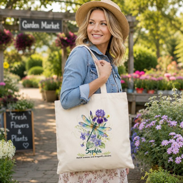 Personalized February Birth Flower Iris Dragonfly Tote Bag (Creator Uploaded)