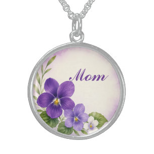 Personalized February Birth Flower Violet Sterling Silver Necklace