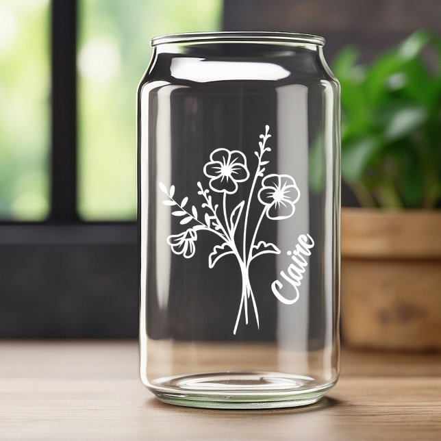 Personalized February Birth Flower Violets White Can Glass (Creator Uploaded)