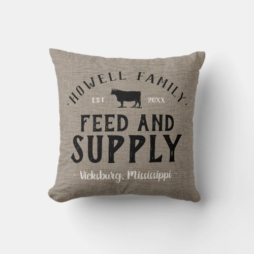 Personalized Feed Supply Grain Sack Throw Pillow