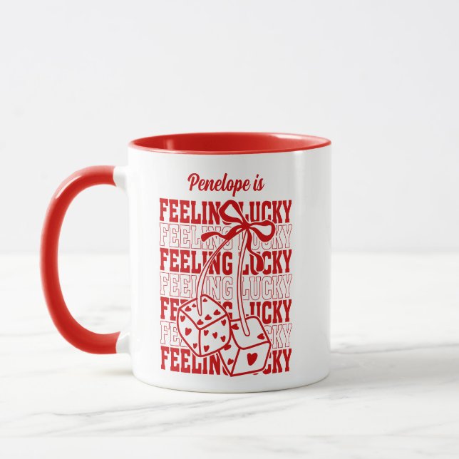 Personalized Feeling Lucky Dice Cherry Red Bow Mug (Left)