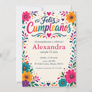 Personalized Feliz Cumpleaños Spanish Floral Fiest Invitation
