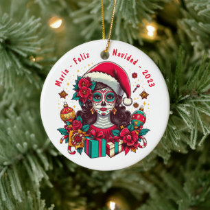 Personalized Feliz Navidad De Los Muertos Ceramic Ornament