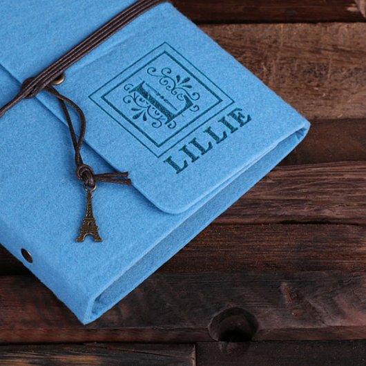 Personalized Felt Notebook & Pen - Electric Turquo (Top)