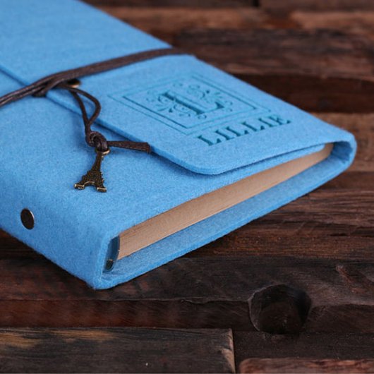 Personalized Felt Notebook & Pen - Electric Turquo (Front Left)