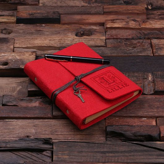 Personalized Felt Notebook & Pen - Red (Top)