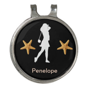 Personalized Female Golfer Silhouette w/ Starfish Golf Hat Clip