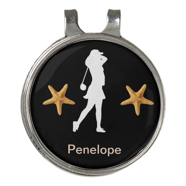 Personalized Female Golfer Silhouette w/ Starfish  Golf Hat Clip (Front)