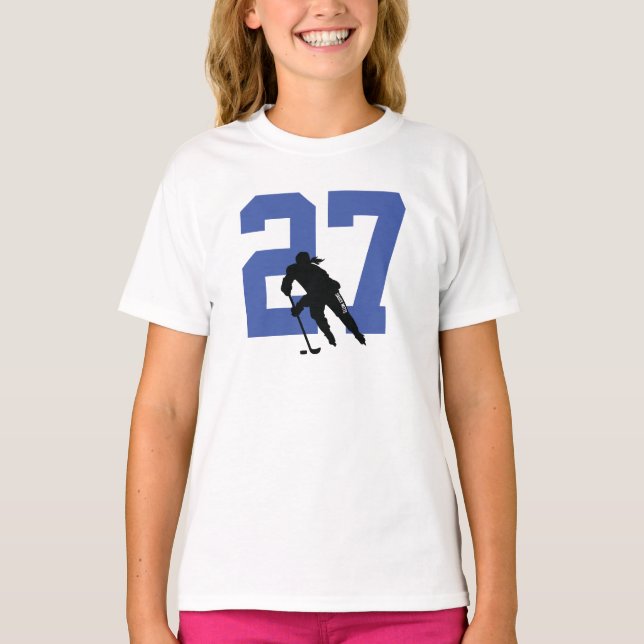 Personalized Female Hockey Player Name Number Blue T-Shirt (Front)