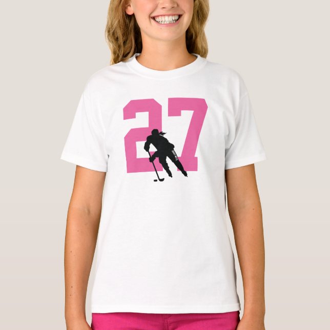 Personalized Female Hockey Player Name Number PInk T-Shirt (Front)