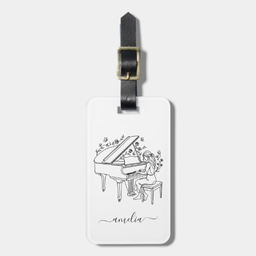 Personalized Female Piano Player Line Drawing Luggage Tag