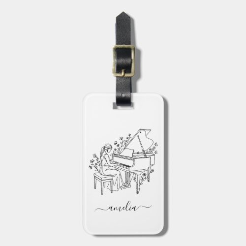 Personalized Female Piano Player Line Drawing Luggage Tag