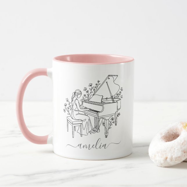 Personalized Female Piano Player Line Drawing      Mug (With Donut)