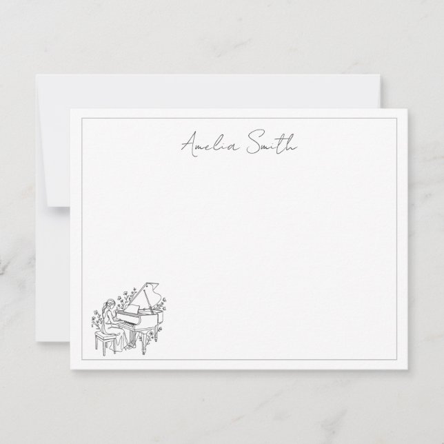 Personalized Female Piano Player Line Drawing Note Card (Front)