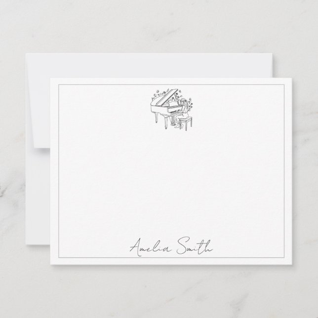 Personalized Female Piano Player Line Drawing Note Card (Front)