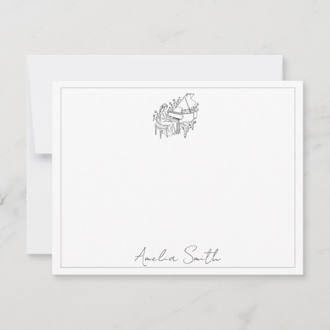Personalized Female Piano Player Line Drawing Note Card (Front)