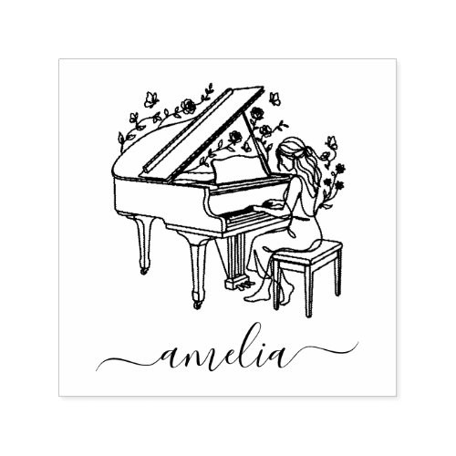 Personalized Female Piano Player Line Drawing Self-inking Stamp