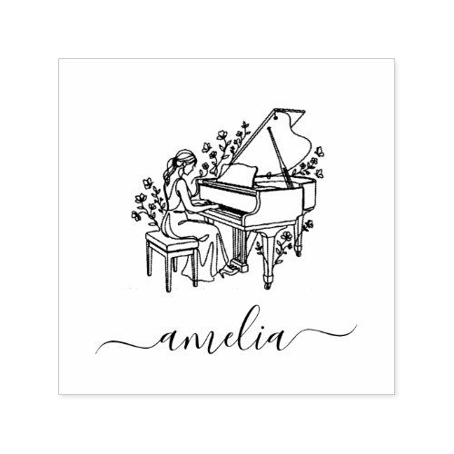 Personalized Female Piano Player Line Drawing Self-inking Stamp