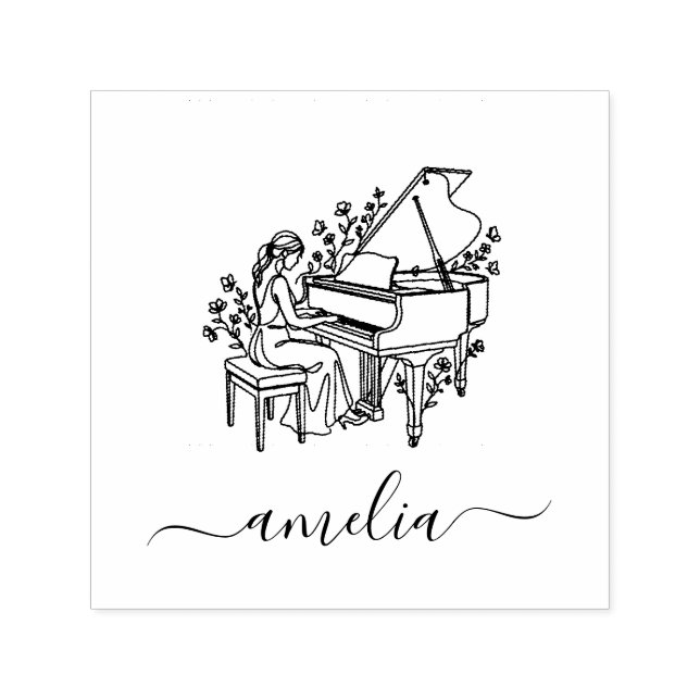Personalized Female Piano Player Line Drawing      Self-inking Stamp (Design)