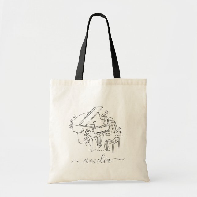 Personalized Female Piano Player Line Drawing      Tote Bag (Front)