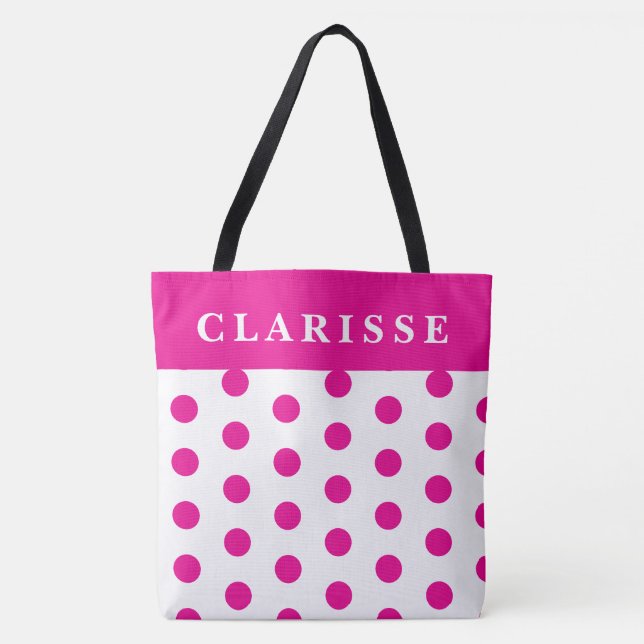 Personalized Feminine Hot Pink & White Polka Dots Tote Bag (Front)