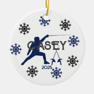 Personalized Fencing Silhouette And Snowflake Ceramic Ornament