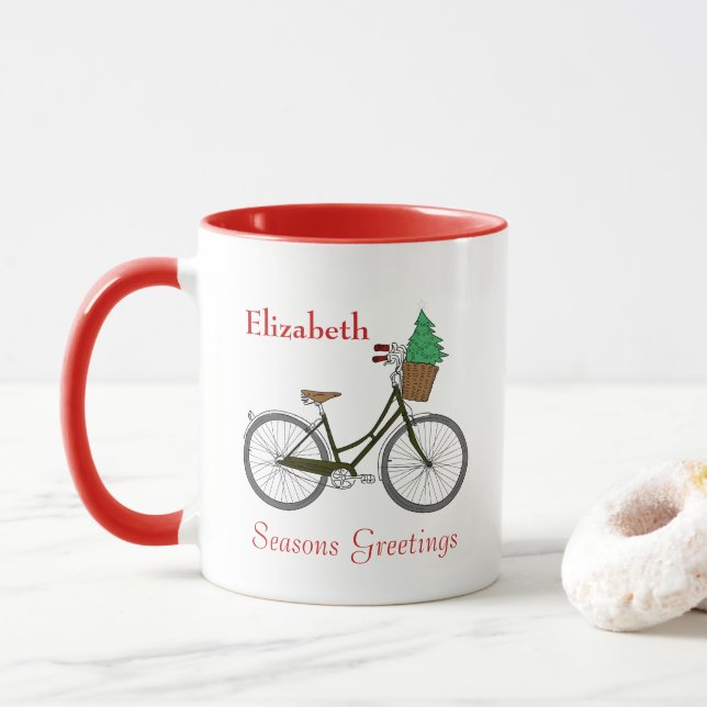 Personalized Festive Bicycle Seasons Greetings Fun Mug (With Donut)