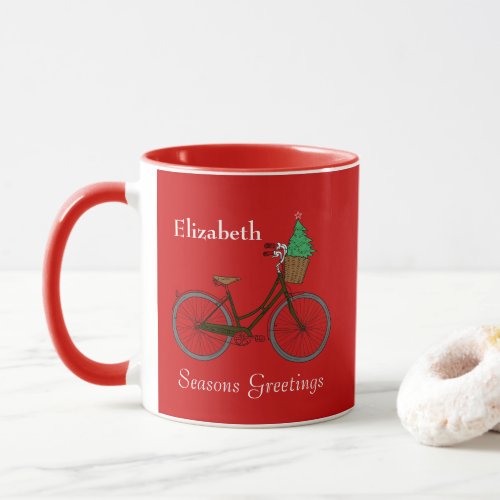 Personalized Festive Bicycle Seasons Greetings Red Mug