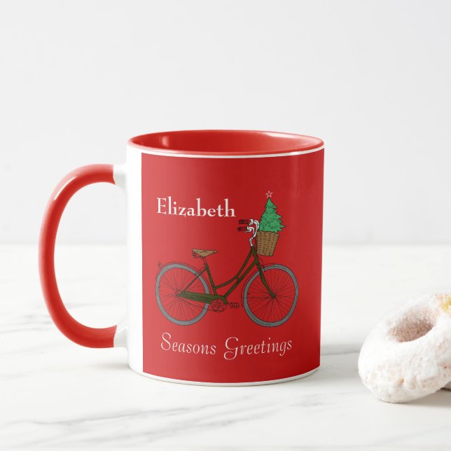 Personalized Festive Bicycle Seasons Greetings Red Mug (With Donut)