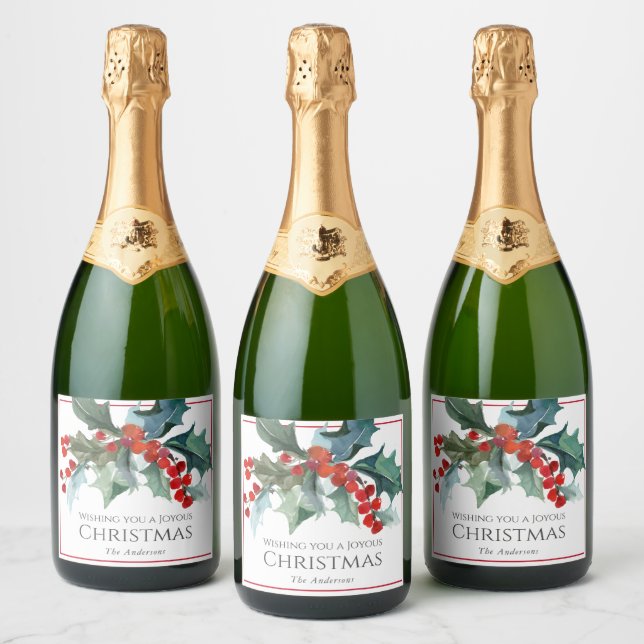 Personalized Festive Christmas Holly and Berries Sparkling Wine Label (Bottles)